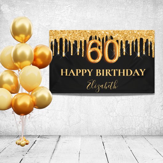 60. Geburtstag schwarzen Gold Glitzer Ballon Stil Banner