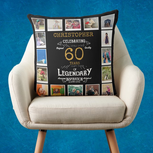 60. Geburtstag Schwarzes Gold FotoCollage Kissen (Personalized 60th birthday gift throw pillow with 16 photos of your choice)