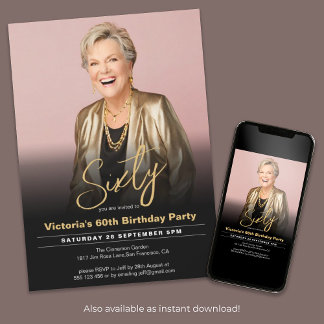 60. Geburtstag Schwarzes Gold Minimal Modernes Fot Einladung