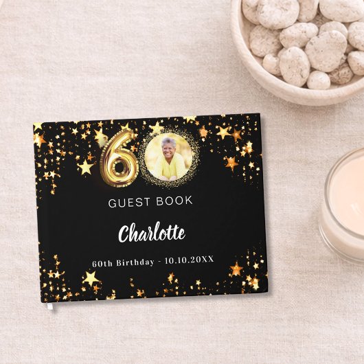 60. Geburtstag Schwarzes Gold-Sterne-Foto Gästebuch
