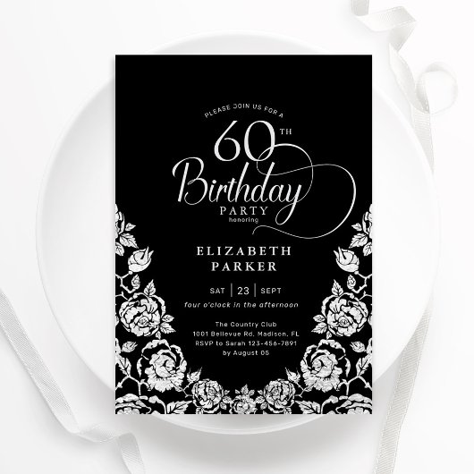 60. Geburtstag Schwarzes Silber Rose Einladung