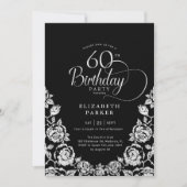 60. Geburtstag Schwarzes Silber Rose Einladung (Vorderseite)