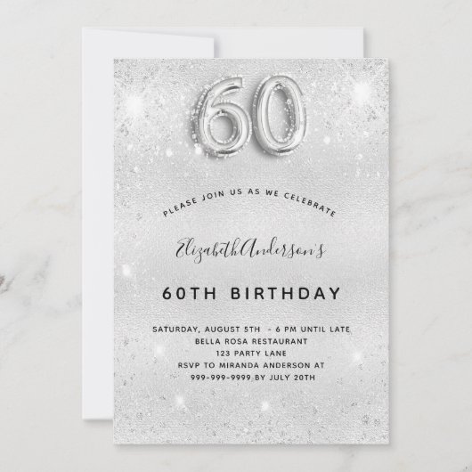 60. Geburtstag silber elegant glamourös Einladung (Vorderseite)