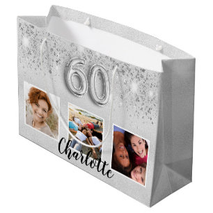 60. Geburtstag Silberner Glitzer Foto Große Geschenktüte
