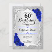 60. Geburtstag - Silver Stripes Royal Blue Rose Einladung (Vorderseite)