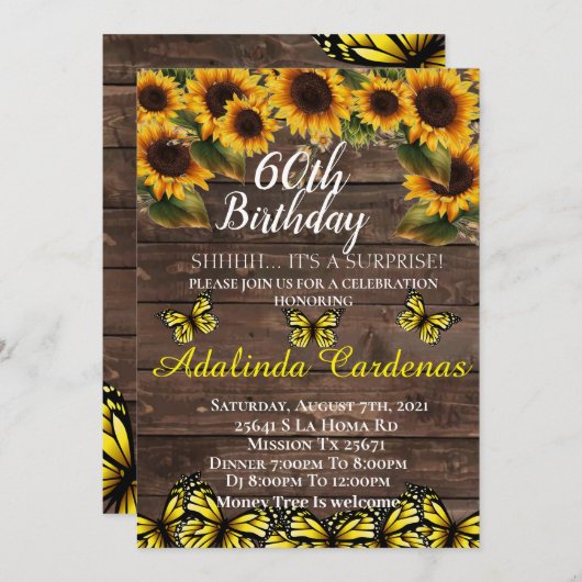 60. Geburtstag Sonnenblumen Einladung (Vorne/Hinten)