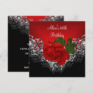 60. Geburtstag Spitze Schwarz Silber Tiefrote Rose Einladung
