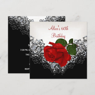 60. Geburtstag Spitze Schwarz Weiß Silber Rote Ros Einladung