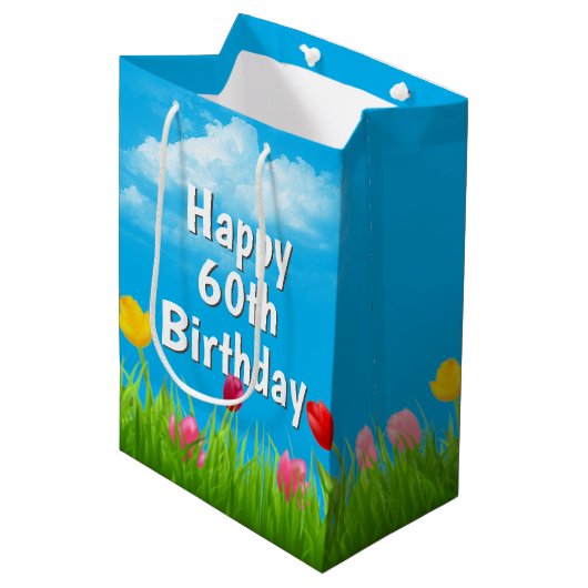 60. Geburtstag Tulips Mittlere Geschenktasche Geschenktüte (Vorderseite Schrägansicht)