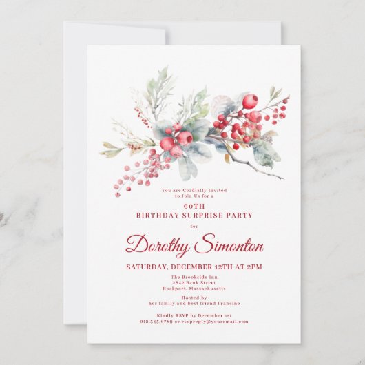 60. Geburtstag Überraschung Party Greenery Red Ber Einladung (Vorderseite)