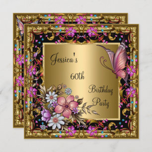 60. Geburtstag Verziert Pink Floral Butterfly Gold Einladung