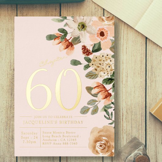 60. Geburtstag Vintager Blumenpeach Folieneinladung