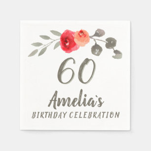 60. Geburtstag Wasserfarben Rose Blumenkohl Party Serviette