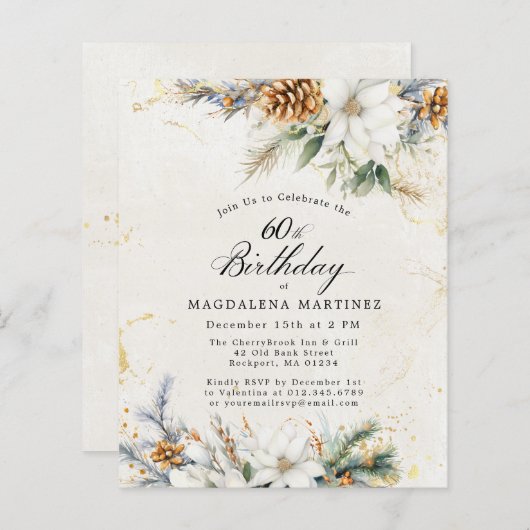 60. Geburtstag Winterweiße Blüteneinladung (Vorne/Hinten)