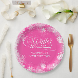 60. Geburtstag Winterwonderland Schneeflocke Rosa Pappteller