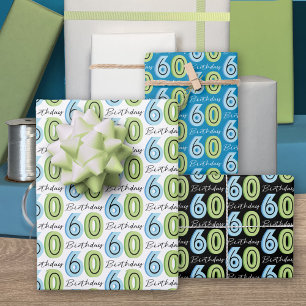 60. Geburtstag Zahlen Grün Blau Geschenkpapier Set
