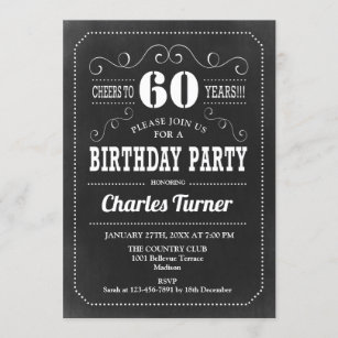60. Geburtstags-Party - Tafel Schwarz-weiß Einladung