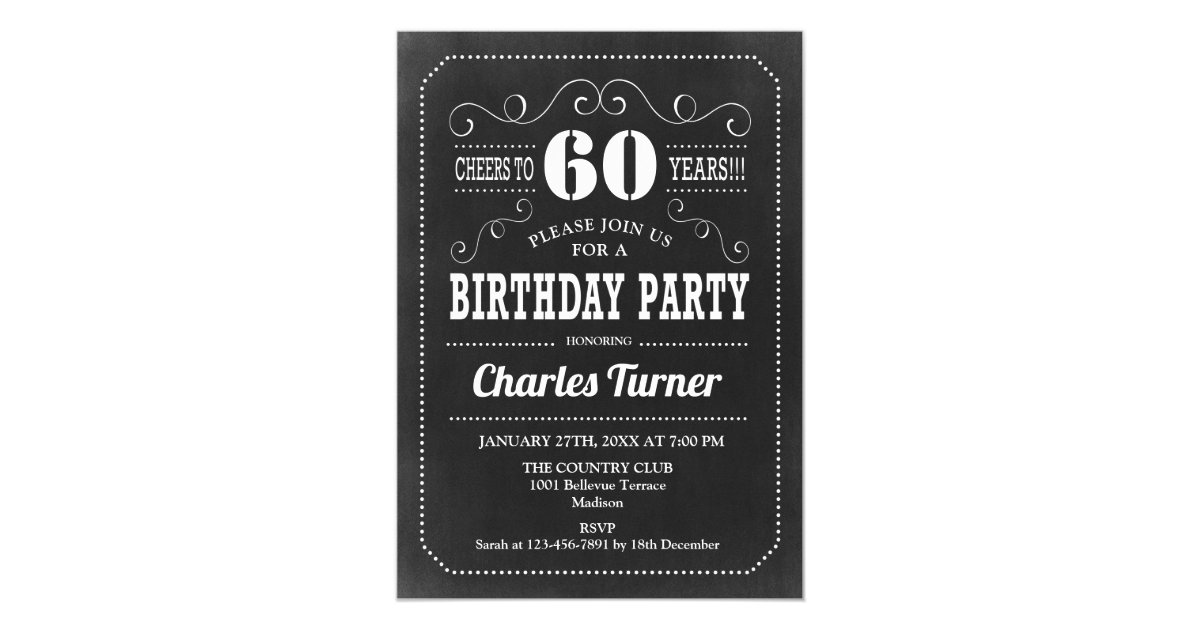60. Geburtstags-Party - Tafel Schwarz-weiß Einladung | Zazzle.de