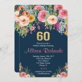 60. Geburtstagseinladung Blumenwasser-Marine Einladung (Vorne/Hinten)
