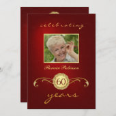 60. Geburtstagseinladungen - Red & Gold Monogram Einladung (Vorne/Hinten)