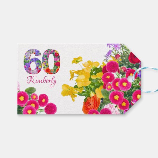 60. Geburtstagsfeier Blumenstrauß Geschenkartikel Geschenkanhänger (Vorderseite (Horizontal))
