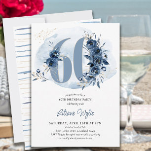 60. Geburtstagsfeier Coastal Blue Floral Nummer 60 Einladung