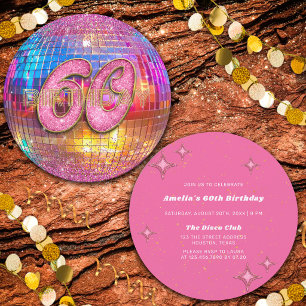 60. Geburtstagsfeier Gold Pink Glitter Disco-Kugel Einladung