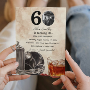 60. Geburtstagsfeier Oldtimer-Auto & Whiskey Einladung