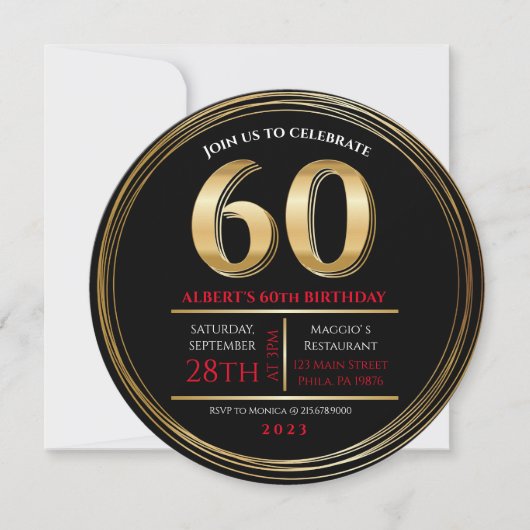 60. Geburtstagsgoldschwarze Party Einladung (Vorderseite)