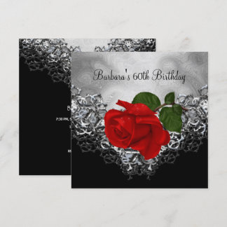 60. Geburtstagslace Schwarz-weiß Silver Rote Rose Einladung