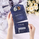 60. Geburtstagsnacht blaues Foto Silberstars uAwg All In One Einladung<br><div class="desc">Ein marineblauer blauer Hintergrund mit Sternen. Die blaue Farbe ist ungleichmäßig. Personalisieren und fügen Sie ein Foto,  Name,  Party,  UAWG,  Rücksendeadresse und Namen.</div>