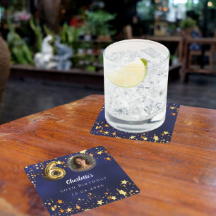 60. Geburtstagsnavy blauen goldenen Sterne Foto Rechteckiger Pappuntersetzer