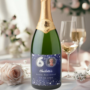 60. Geburtstagsnavy blauen Silberstars Foto Schaumweinetikett