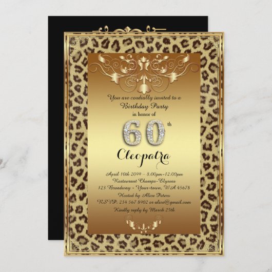 60. Geburtstagsparty 60., Royal Cheetah Gold schwa Einladung (Vorne/Hinten)