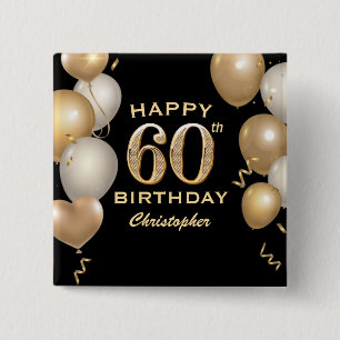 60. Geburtstagsparty Black and Gold Ballons Button