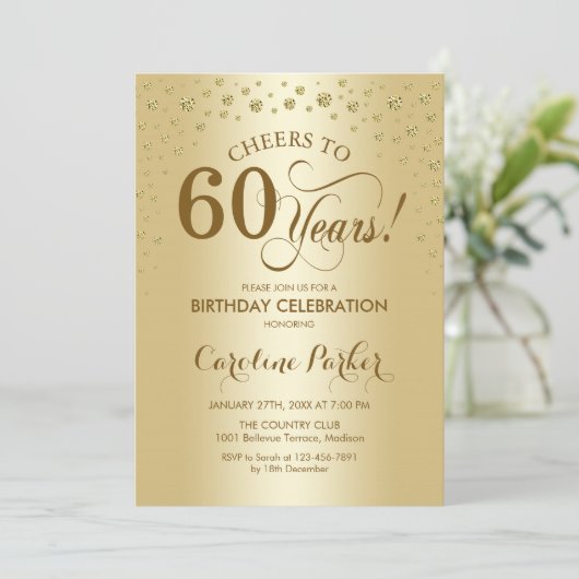 60. Geburtstagsparty Einladung - Gold (Stehend Vorderseite)