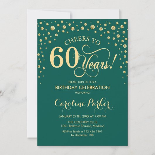 60. Geburtstagsparty Einladung - Gold Green (Vorderseite)