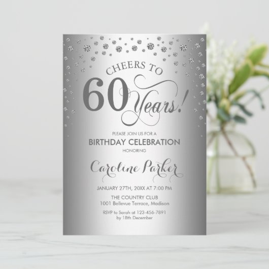 60. Geburtstagsparty Einladung - Silber (Stehend Vorderseite)