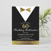 60. Geburtstagsparty Einladungen Black Gold Tuxedo (Stehend Vorderseite)