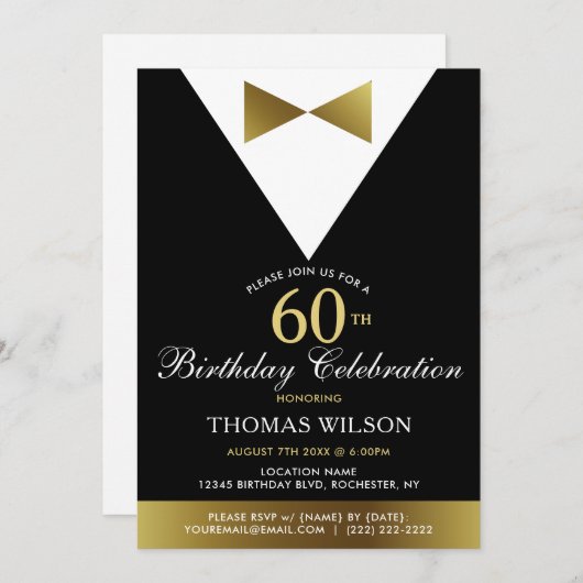 60. Geburtstagsparty Einladungen Black Gold Tuxedo (Vorne/Hinten)
