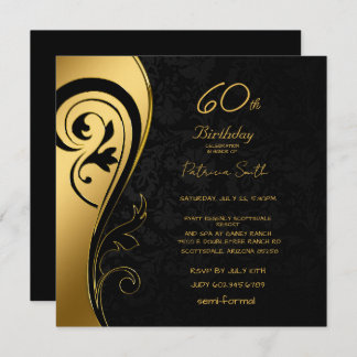 60. Geburtstagsparty Elegante Black & Gold Wirbel Einladung