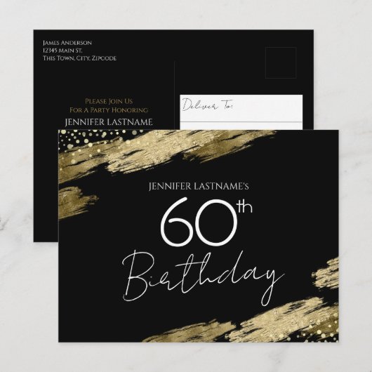 60. Geburtstagsparty Gold Black Einladung Postkart Postkarte (Vorne/Hinten)