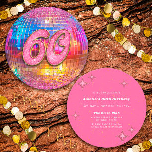 60. Geburtstagsparty Gold Pink Glitzer Disco Ball Einladung