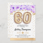 60. Geburtstagsparty - Goldballons Lila Einladung (Vorne/Hinten)
