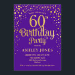 60. Geburtstagsparty - Lila & Gold Einladung<br><div class="desc">60. Geburtstagsfeier Einladung. Elegantes Design in königlichen lila und Imitate Glitzer Gold. Features stilvolle Skript-Schriftart und Konfetti. Nachricht,  wenn du ein Alter brauchst.</div>