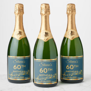 60. Geburtstagsparty mit aquamariner und goldener Schaumweinetikett
