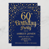 60. Geburtstagsparty - Navy & Gold Einladung (Vorne/Hinten)