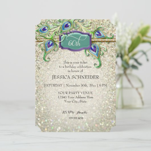60. Geburtstagsparty Pfauenfeather Einladung (Stehend Vorderseite)