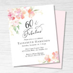 60. Geburtstagsparty Pink Floral Einladung<br><div class="desc">Elegante,  schicke und preisgünstige 60. Geburtstagsfeier mit "60 & Fabulous" in stilvoller Schrift und zarten rosa und korallenblühenden Aquarellbouquets mit goldenen Akzenten. Personalisieren Sie mit ihrem Namen und den Party-Details.</div>