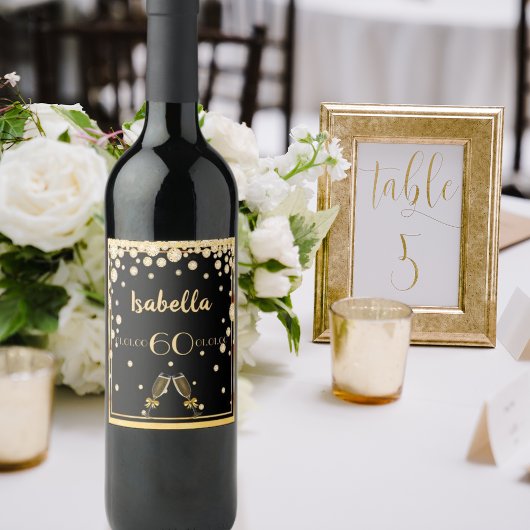 60. Geburtstagsparty schwarzen Goldnamen Diamanten Weinetikett